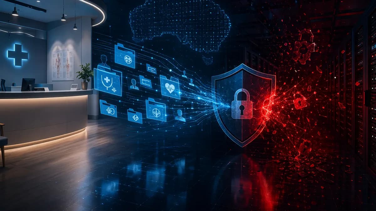 Medical clinic data breach visual with records flowing into a dark encrypted network and security locks.