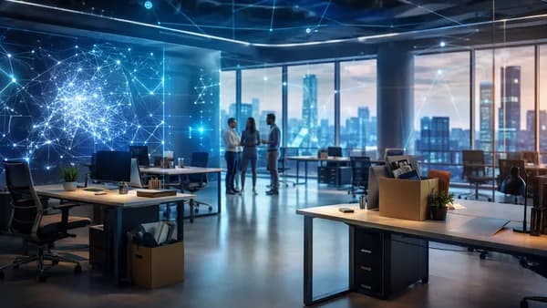 Modern tech office with empty desks and glowing AI networks, suggesting creator platform layoffs.