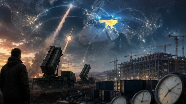 Ukraine highlighted on a world map with air-defense missiles and a factory under construction.