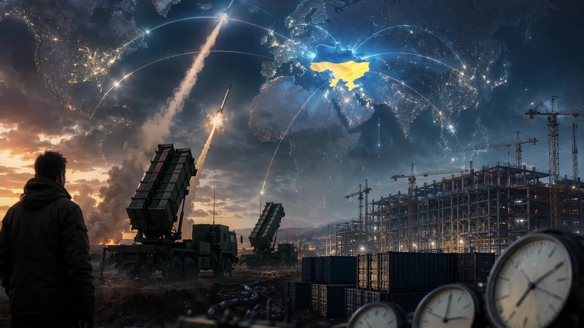 Ukraine highlighted on a world map with air-defense missiles and a factory under construction.
