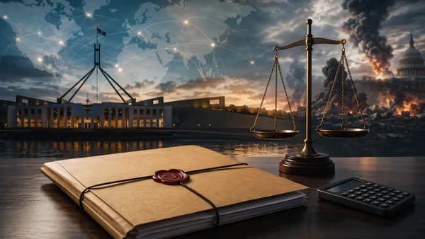 Symbolic Australian anti-corruption investigation halted over cost, with justice scales and parliament backdrop.
