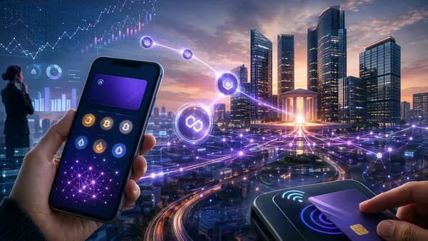 Digital wallet stablecoins flowing toward bank towers in a futuristic payments network