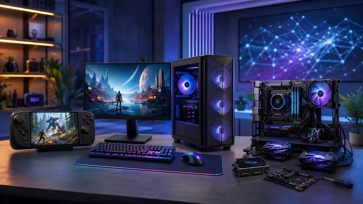 Futuristic PC gaming setup with handheld, prebuilt tower, and custom PC parts in a sleek tech workspace.