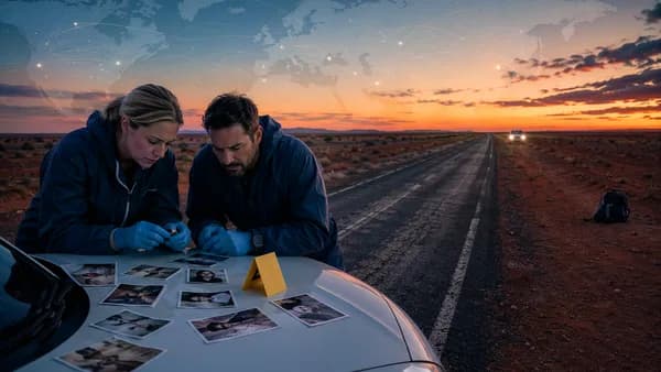 Australian outback cold case scene with investigators, evidence photos, and global connection overlay.