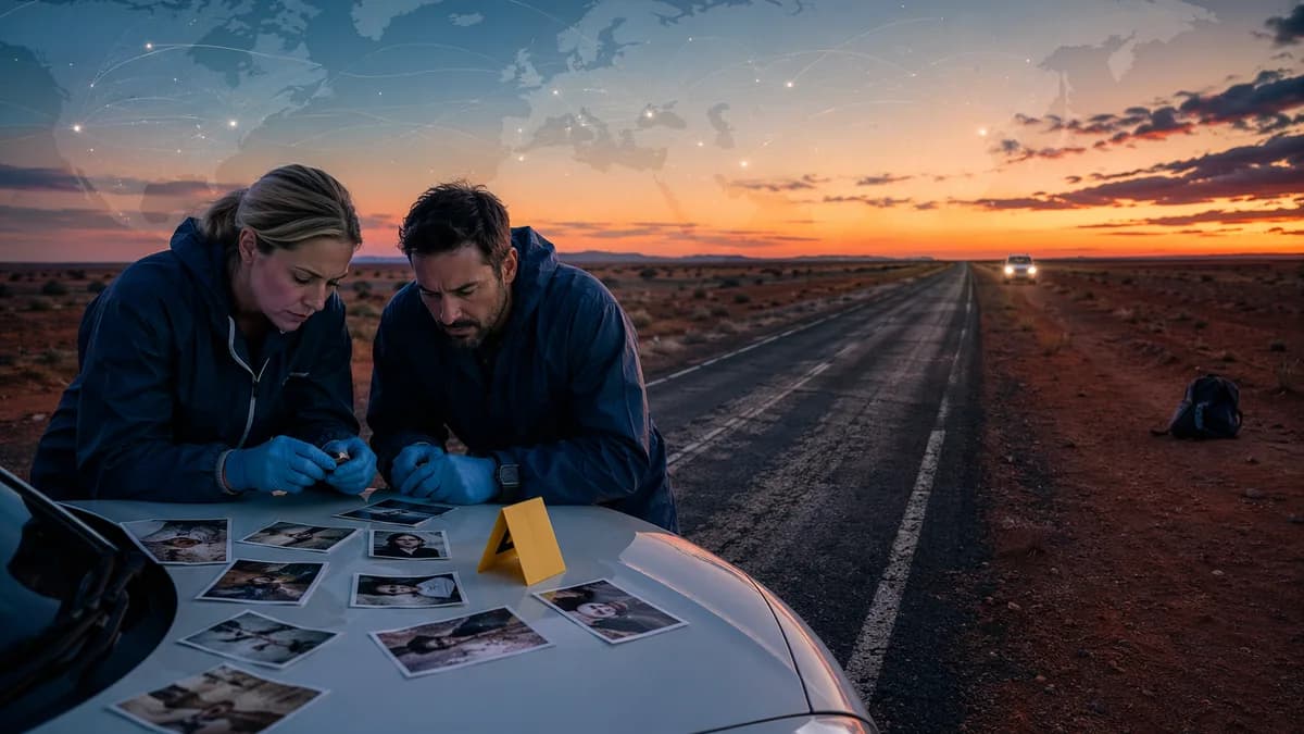 Australian outback cold case scene with investigators, evidence photos, and global connection overlay.