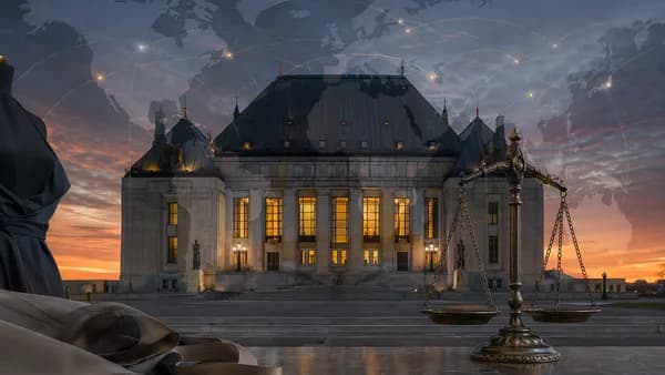 Quebec courthouse with justice scales, fashion fabric, and global map overlay in a somber news scene.