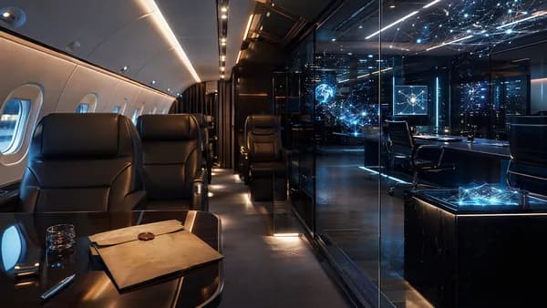 Private jet cabin fused with tech office visuals, suggesting a legal dispute in elite tech circles.
