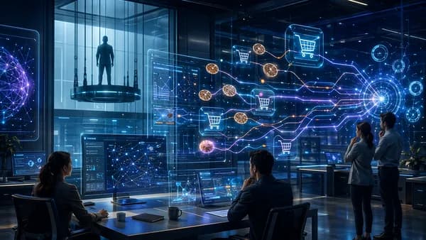 Glowing checkout data trails and cookie icons under scrutiny in a futuristic tech workspace
