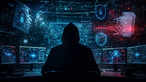 Anonymous hacker silhouette amid shields, locks, and encrypted data in a dark cybersecurity scene.
