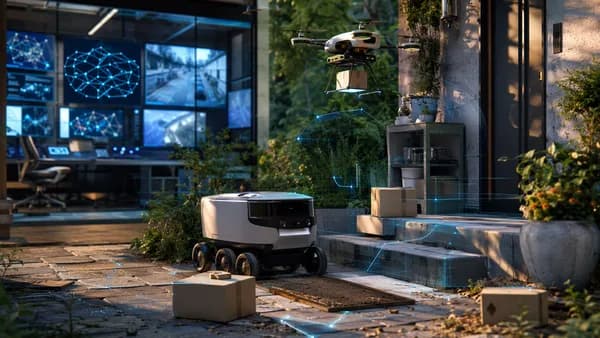Autonomous robot and drone navigate a cluttered porch with subtle AI network visuals.