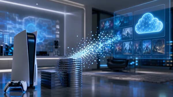 Blank game discs dissolving into digital cloud particles beside a futuristic game console.