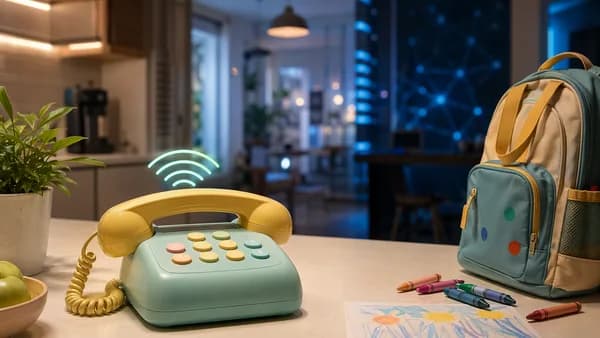 Retro-style kid-friendly home phone on a modern kitchen counter with subtle Wi-Fi glow.