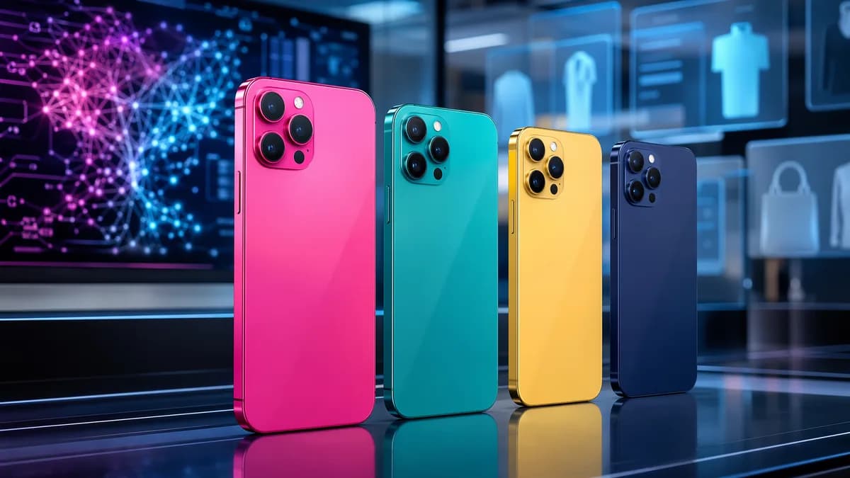 Unbranded smartphones in bold hot pink and bright colors displayed in a futuristic tech workspace.