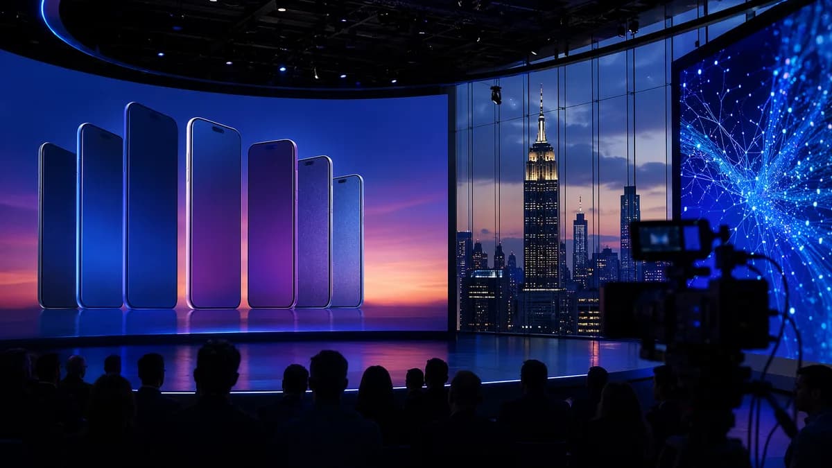Futuristic smartphone launch stage in NYC with glowing screens and audience silhouettes