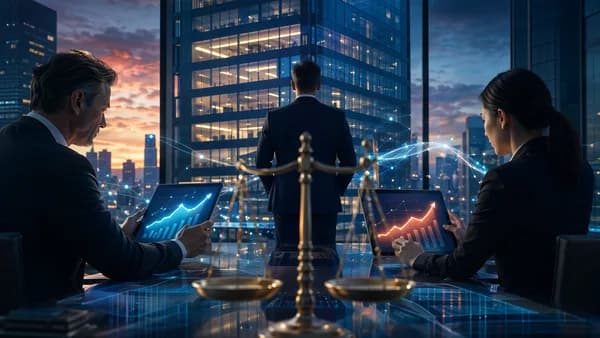 Modern bank growth scene with rising revenue and expense curves, fintech dashboards, and investor tension.