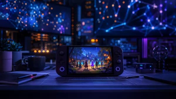 Small handheld game console showing a tiny online world in a futuristic tech workspace