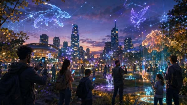 Crowd in a city park using phones as glowing AR creatures hover, evoking a long-running mobile game craze.