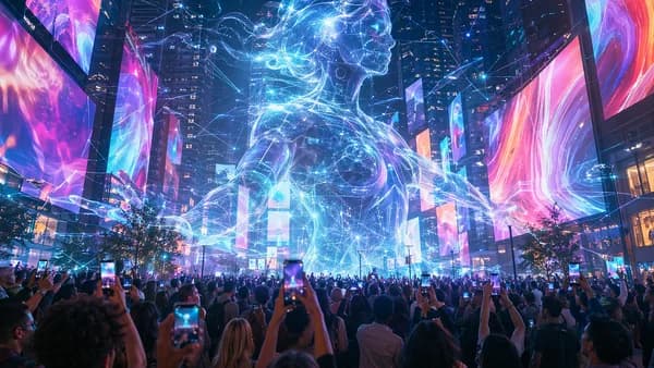 Huge city crowd raises phones toward a glowing AR creature in a neon tech plaza at night.