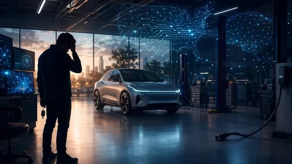 Generic EV in a dim tech showroom with anxious owner silhouette and fading network connections.