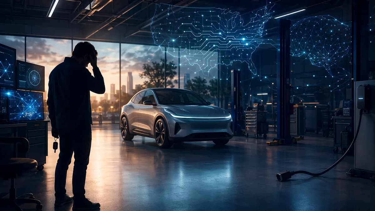 Generic EV in a dim tech showroom with anxious owner silhouette and fading network connections.
