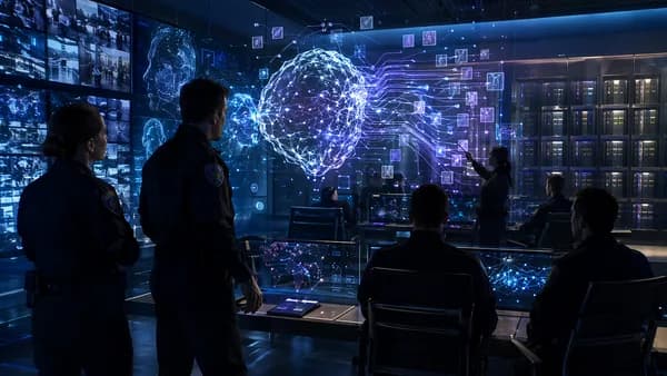 Futuristic police tech hub with AI networks and surveillance screens, suggesting legal record automation.