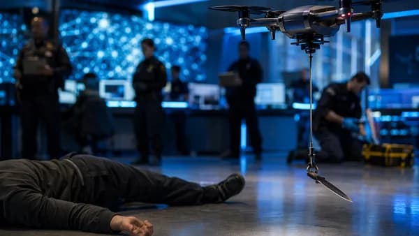 Police drone uses a magnetic tool to remove a knife while officers monitor from a tech command hub.