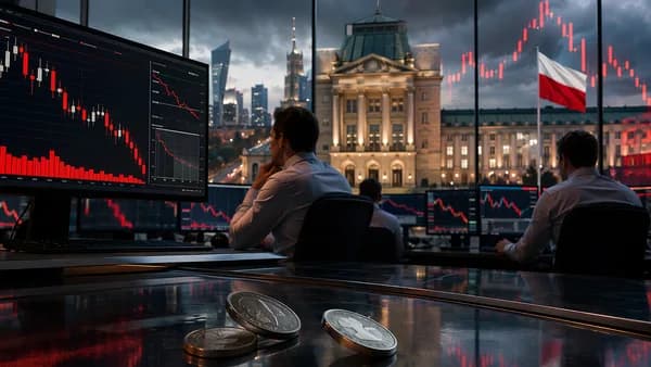 Trading screens and falling coins symbolize a weaker Polish zloty under dovish central bank pressure.