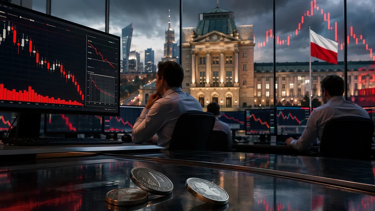 Trading screens and falling coins symbolize a weaker Polish zloty under dovish central bank pressure.
