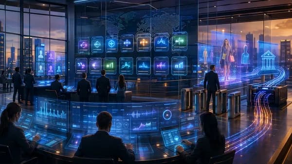 Regulators examine a futuristic prediction market platform with compliance and payment technology visuals.