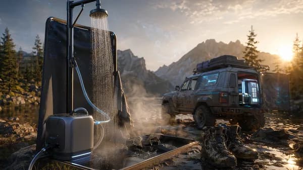 Premium portable camp shower steaming at a sleek off-road campsite, styled like high-end outdoor tech.