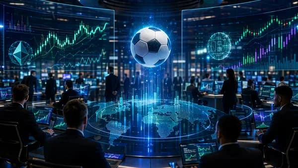 Soccer ball over a digital trading floor with abstract market charts and global prediction market visuals.