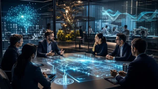 AI lab funding meeting in a futuristic workspace with neural networks and glowing data screens
