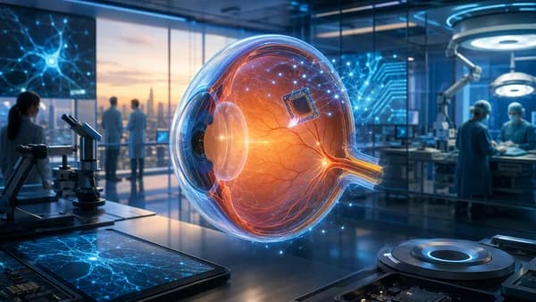 Retinal implant chip in a futuristic medical AI lab symbolizing vision restoration technology