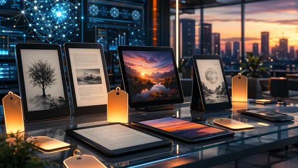 Modern e-readers displayed in a sleek futuristic tech workspace with glowing deal-inspired accents.