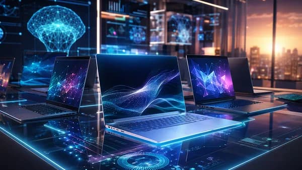 Futuristic workspace with premium laptops and abstract AI data visuals, no logos or text.