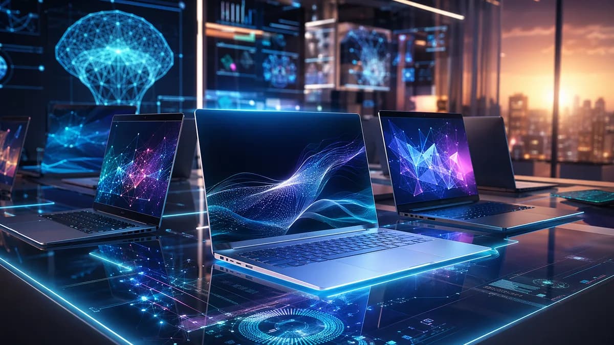 Futuristic workspace with premium laptops and abstract AI data visuals, no logos or text.