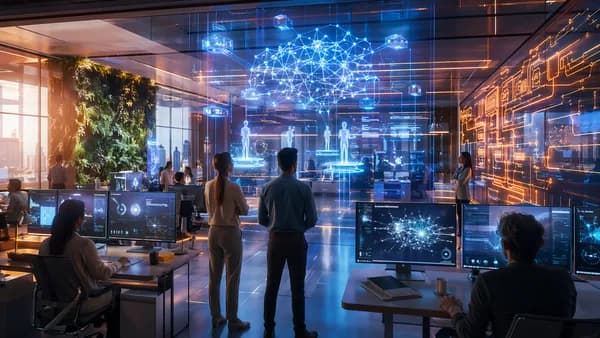 Futuristic enterprise AI workspace with neural networks, circuits, and autonomous agent visuals.