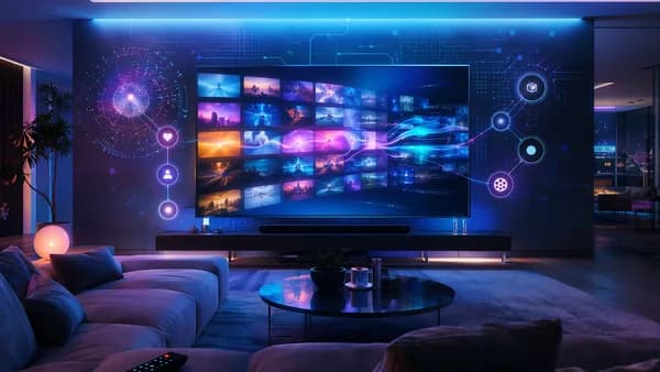 Futuristic streaming hub with glowing screens, sofa, remote, and abstract recommendation visuals