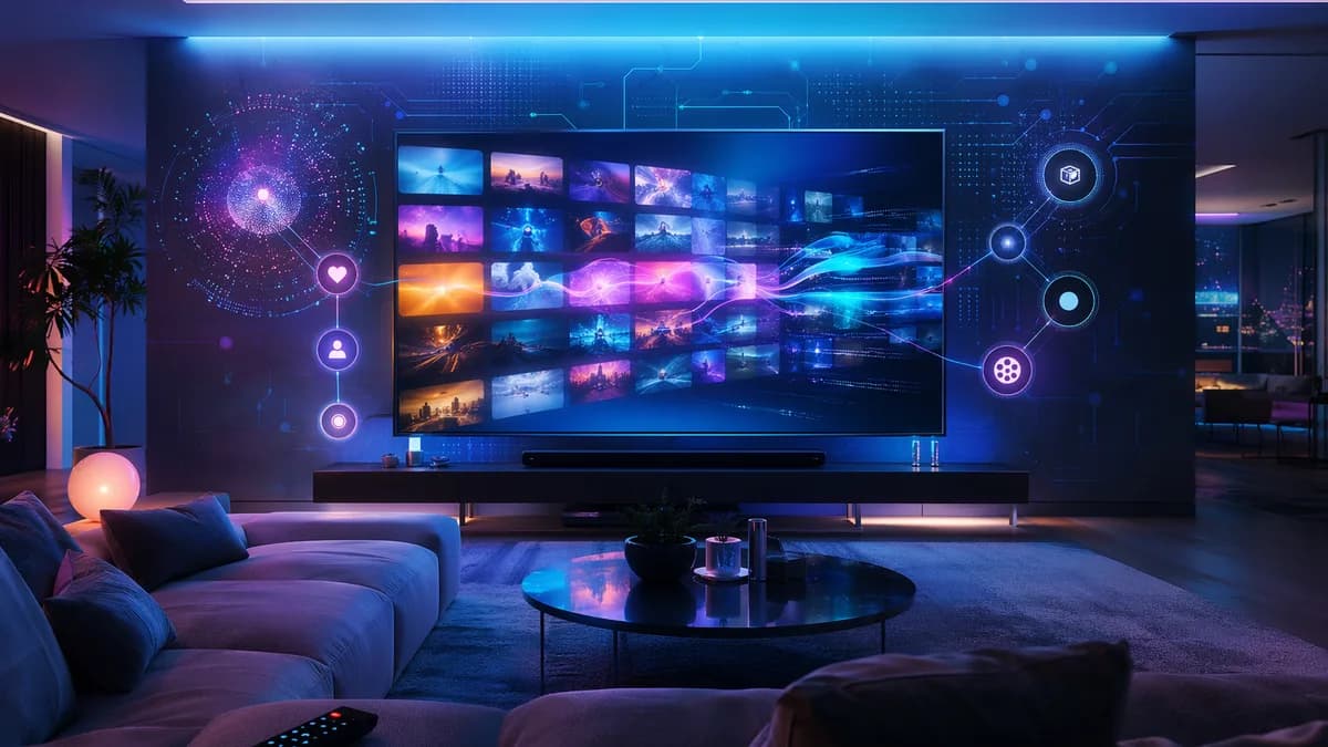 Futuristic streaming hub with glowing screens, sofa, remote, and abstract recommendation visuals