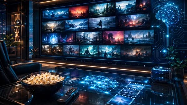 Futuristic streaming workspace with glowing screens, neural networks, and abstract movie thumbnails.