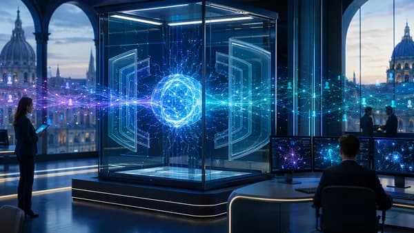 Secure AI neural core in a futuristic workspace symbolizing private European data protection.