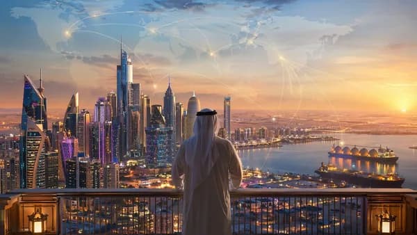 Doha skyline and global map arcs evoke Qatar’s legacy and geopolitical influence.