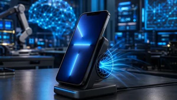 Fan-cooled wireless charger cooling a smartphone in a sleek futuristic tech workspace