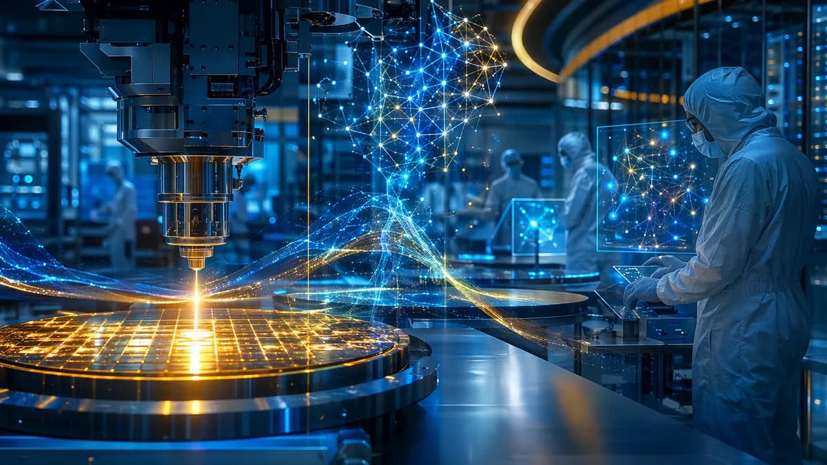 Quantum diamond sensors inspecting silicon wafers in a futuristic chip fabrication lab