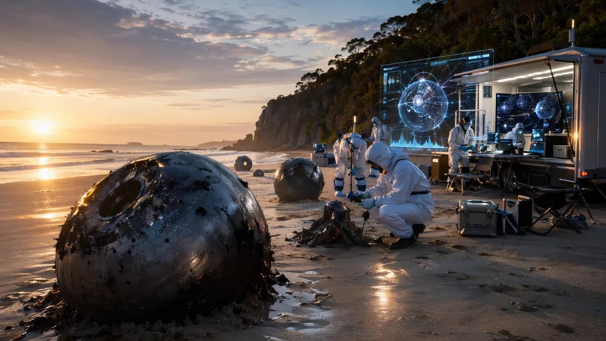 Metallic space debris balls on a Queensland beach examined with futuristic analysis equipment.