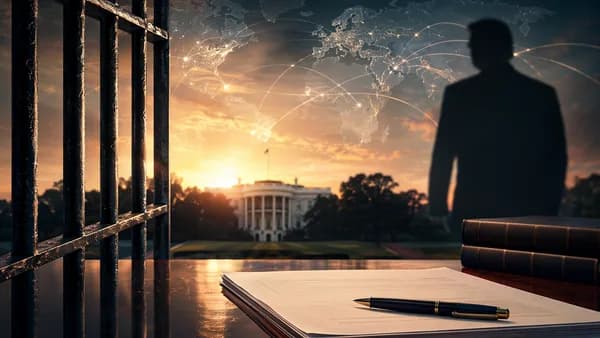 Symbolic clemency request with prison bars, government building, and global map connections.