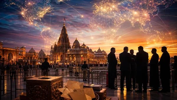 Ayodhya temple scene with donation boxes, trustees, and global map lights symbolizing a trust crisis.