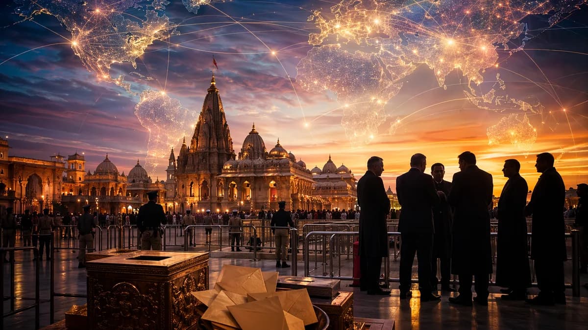Ayodhya temple scene with donation boxes, trustees, and global map lights symbolizing a trust crisis.