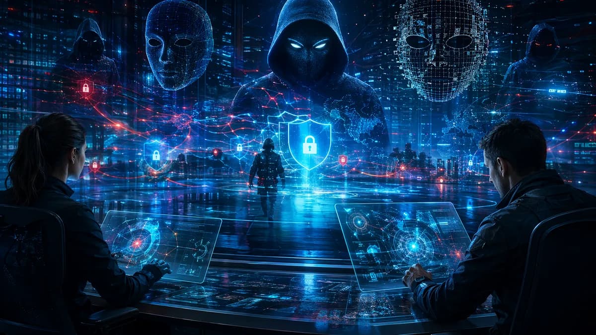 Shadowy ransomware avatars evade cyber defenders across a dark encrypted network with shields and locks.