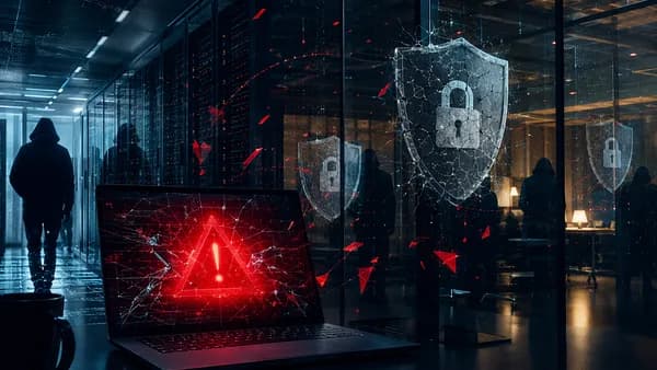 Corporate cybersecurity scene showing repeated hacker ransom pressure and cracked digital shields.